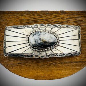 Sterling Silver White Buffalo Barrette | Navajo Style Stamped Hair Clip